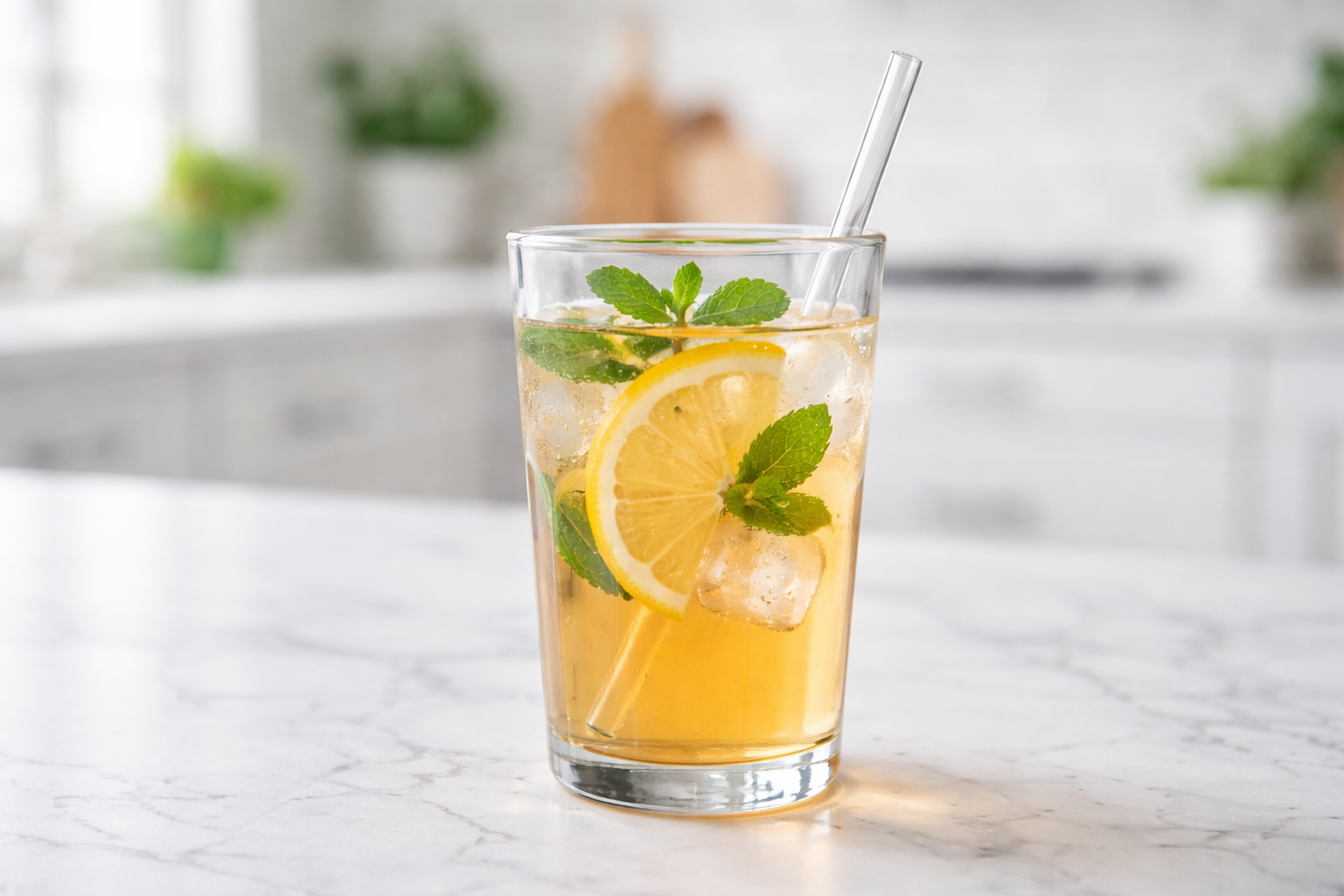 레몬 조각과 민트 잎이 들어있는 애사비 음료