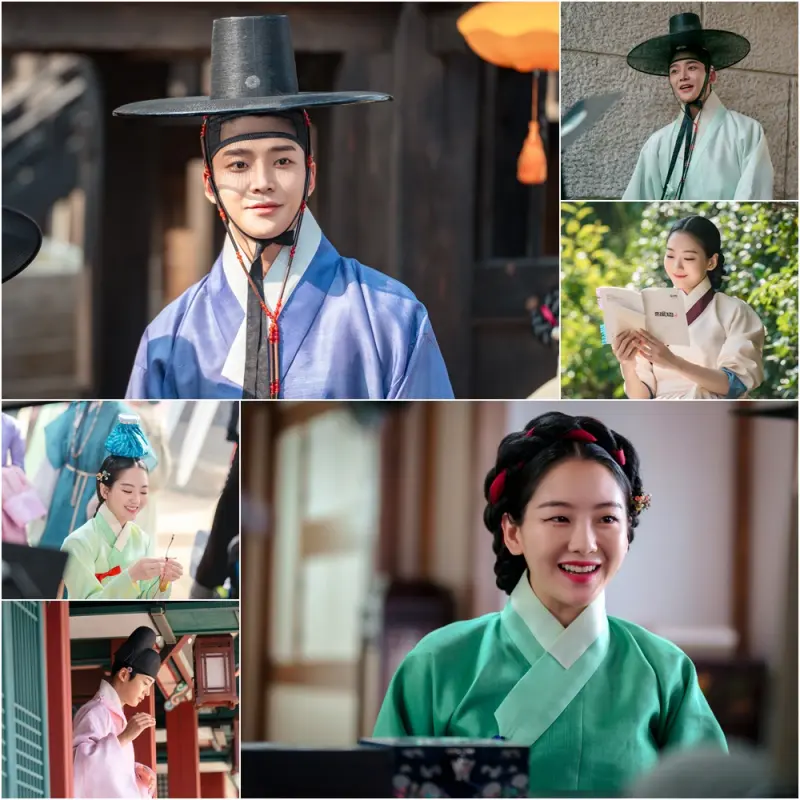 갓을 쓰고 웃고 있는 로운과 대본을 보고 있는 조이현