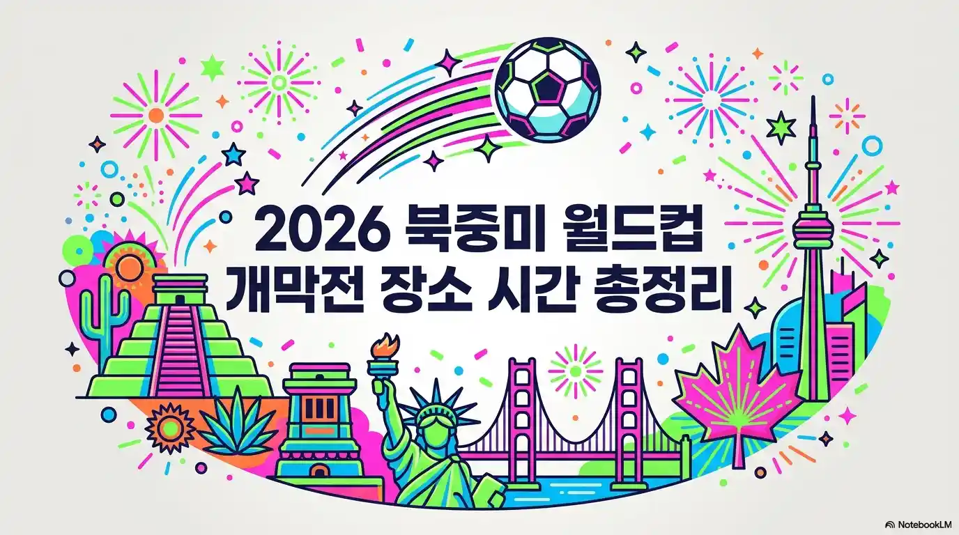 2026 북중미 월드컵 개막전 장소 시간 총정리 - 멕시코 피라미드, 자유의 여신상, 금문교, 캐나다 단풍잎, CN타워 등 3개국 랜드마크와 축구공 일러스트