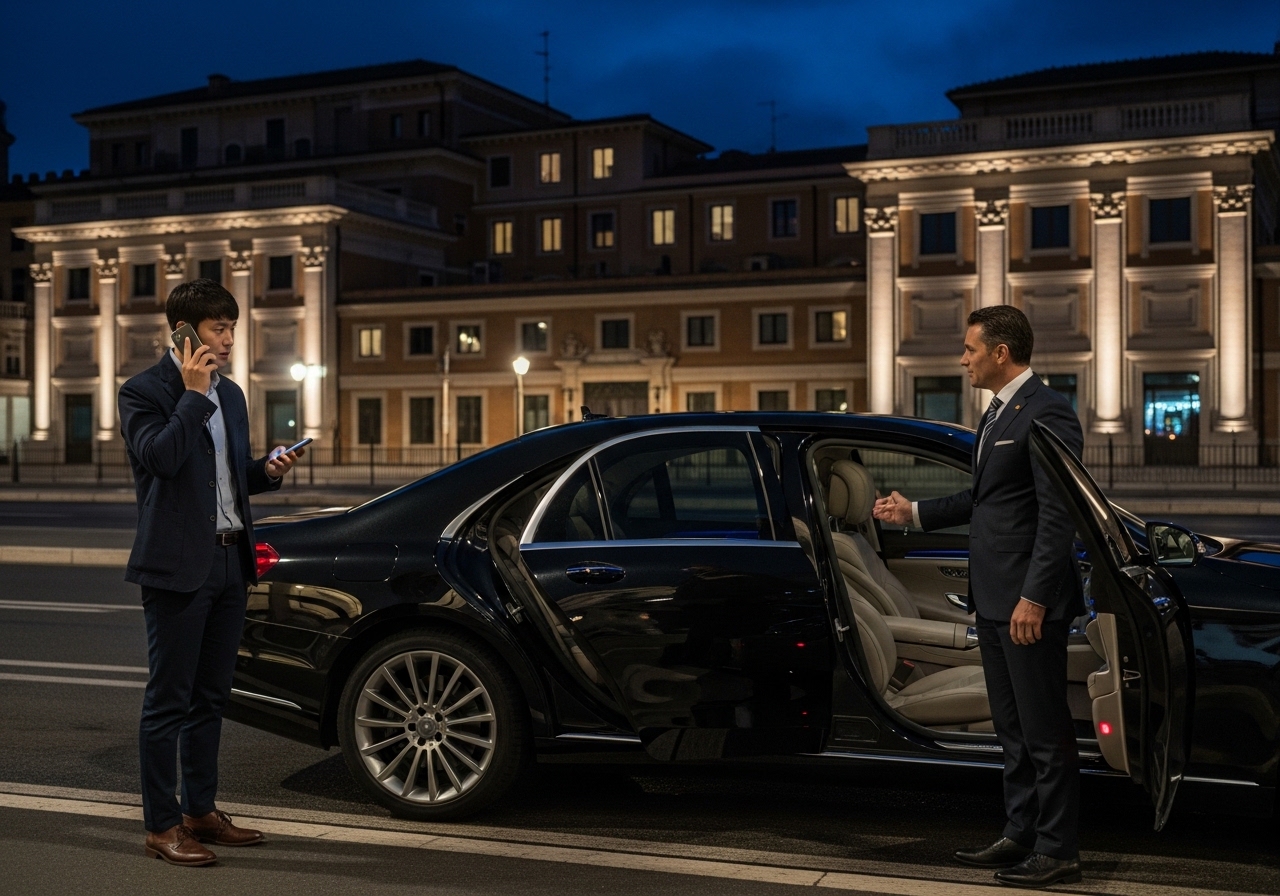 밤늦은 시간 이탈리아 로마 공항에서 한국인 남성 여행객이 스마트폰으로 기사와 연락하며 주변의 고풍스러운 유럽풍 건물들을 배경으로 깔끔한 정장 차림의 기사가 운전하는 벤츠 세단에 탑승하는 모습