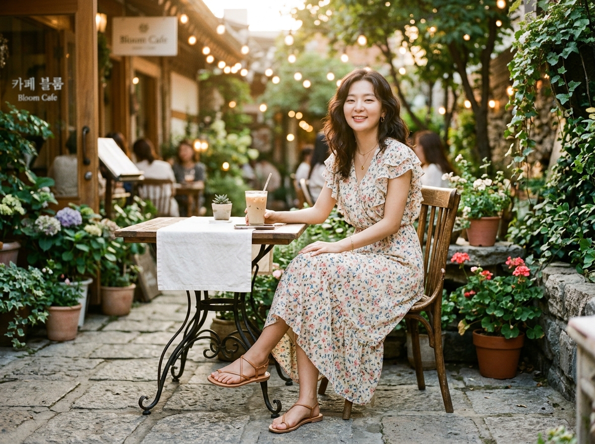 Woman wearing a flowy summer dress and minimal thin-strap toe-loop sandals, romantic outdoor cafe setting, soft golden hour light