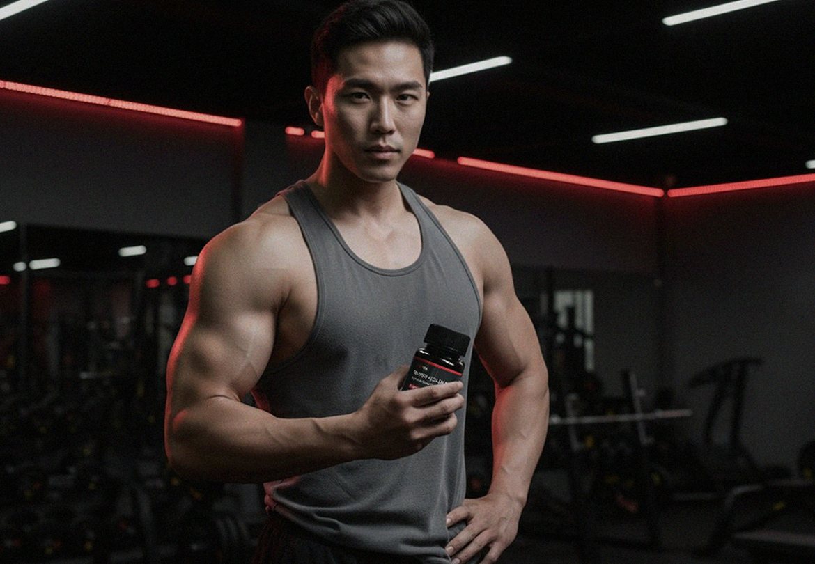 Korean Asian man taking supplement with water at home evening