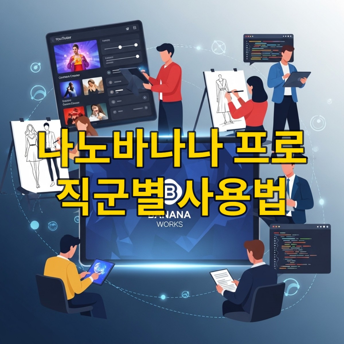 다양한 직업군의 사람들이 바나나웍스 태블릿을 사용하여 쉽고 빠르게 AI 이미지를 생성하는 역동적인 모습. 기술과 전문성을 상징하는 푸른색과 회색 배경.