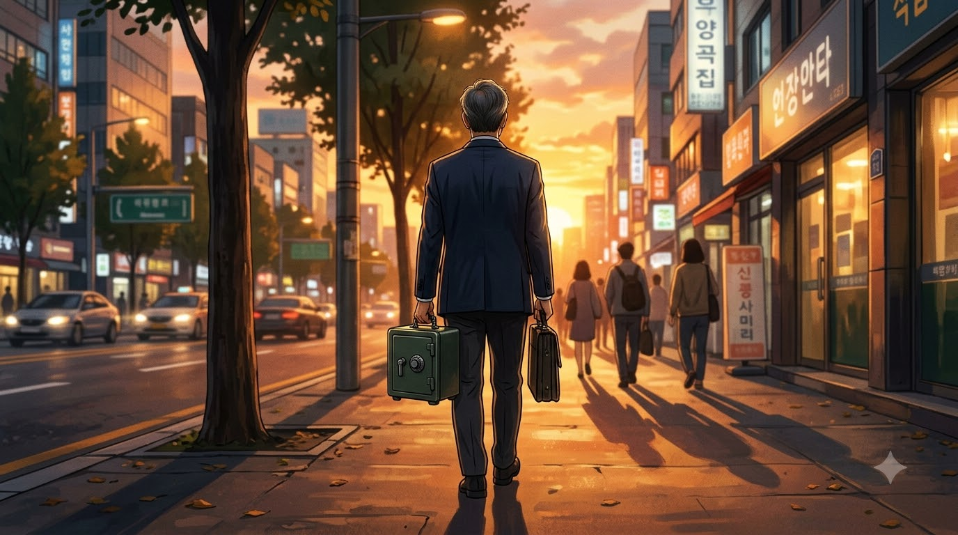 해 질 녘 퇴근길, 튼튼한 금고 모양 도시락통을 들고 걸어가는 50대 직장인의 뒷모습