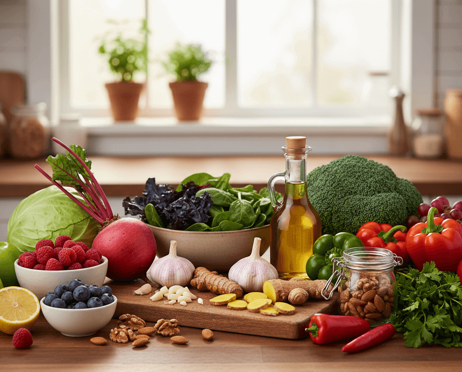 올리브유, 브로콜리, 상추, 피망, 마늘, 생강, 식탁, 베리류