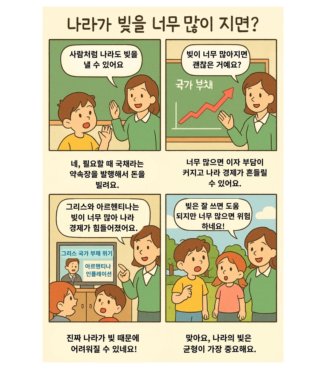 어린이가 나라가 빚을 낼 수 있고 빚이 너무 많으면 이자 부담과 경제 위기가 생길 수 있다는 것을 배우며 적당한 국가 부채의 중요성을 이해하는 4컷 경제 교육 만화