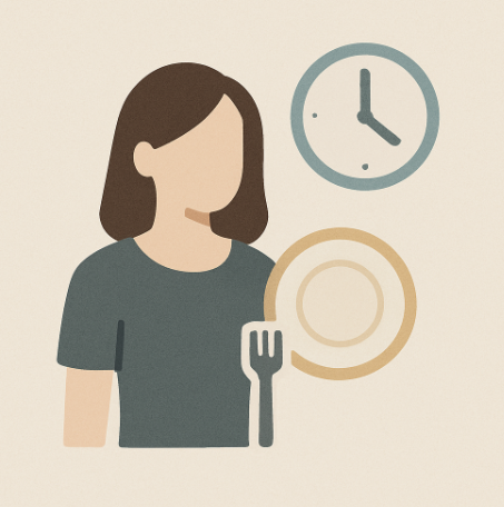 30대 여성과 단식을 나타내는 접시와 포크가 있는 사진