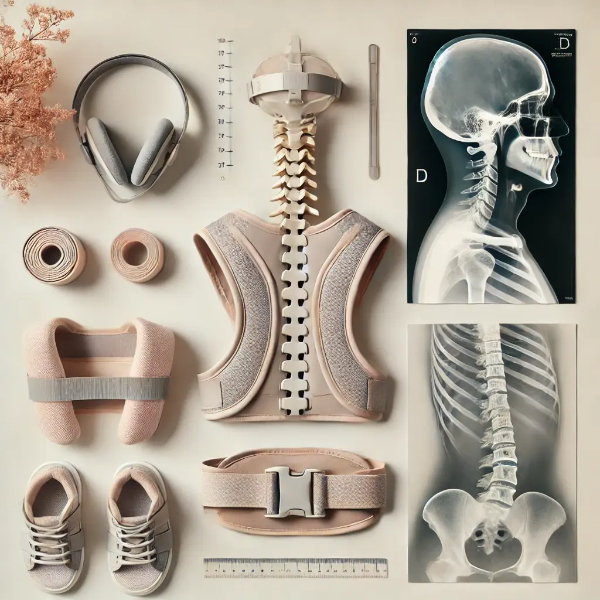 하얀 배경 위에 정리된 목 디스크 관련 엑스레이, 자세 교정기, 목 보호대, 거북목 도해의 전문 스튜디오 촬영 사진