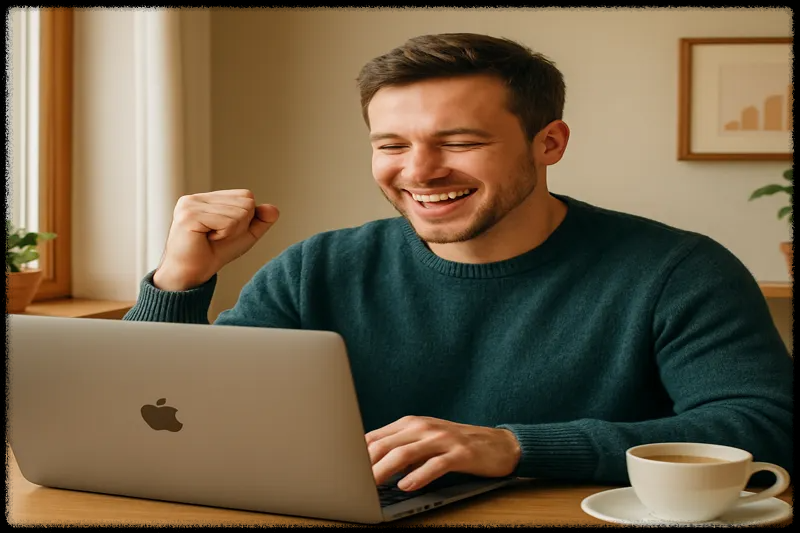 노트북을 바라보며 수익에 기뻐하는 사용자의 모습