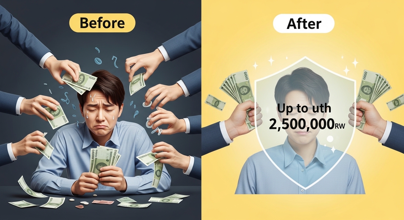 기존 압류 제도의 어려움과 생계비 압류 방지 계좌 도입 후의 안정감을 비교하는 이미지