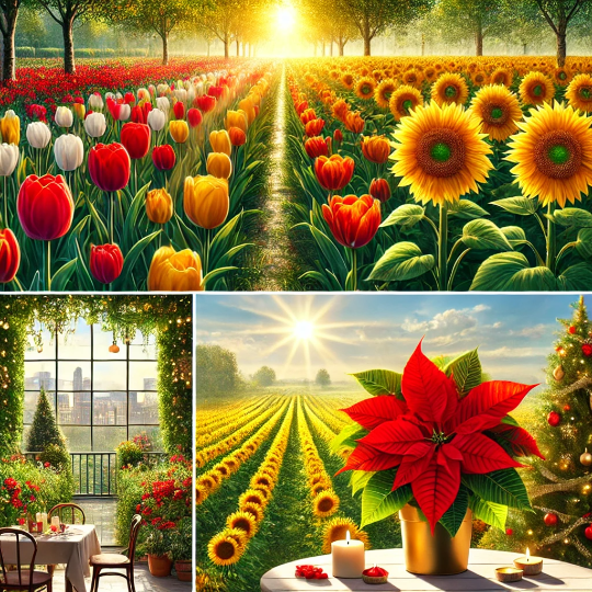 생생한 튤립, 해바라기, 포인세티아에 대한 이미지