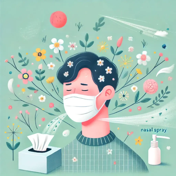 알레르기 비염을 상징하는 오브젝트 중심 일러스트 – 사람 없이 코 스프레이, 꽃가루, 재채기 아이콘 구성