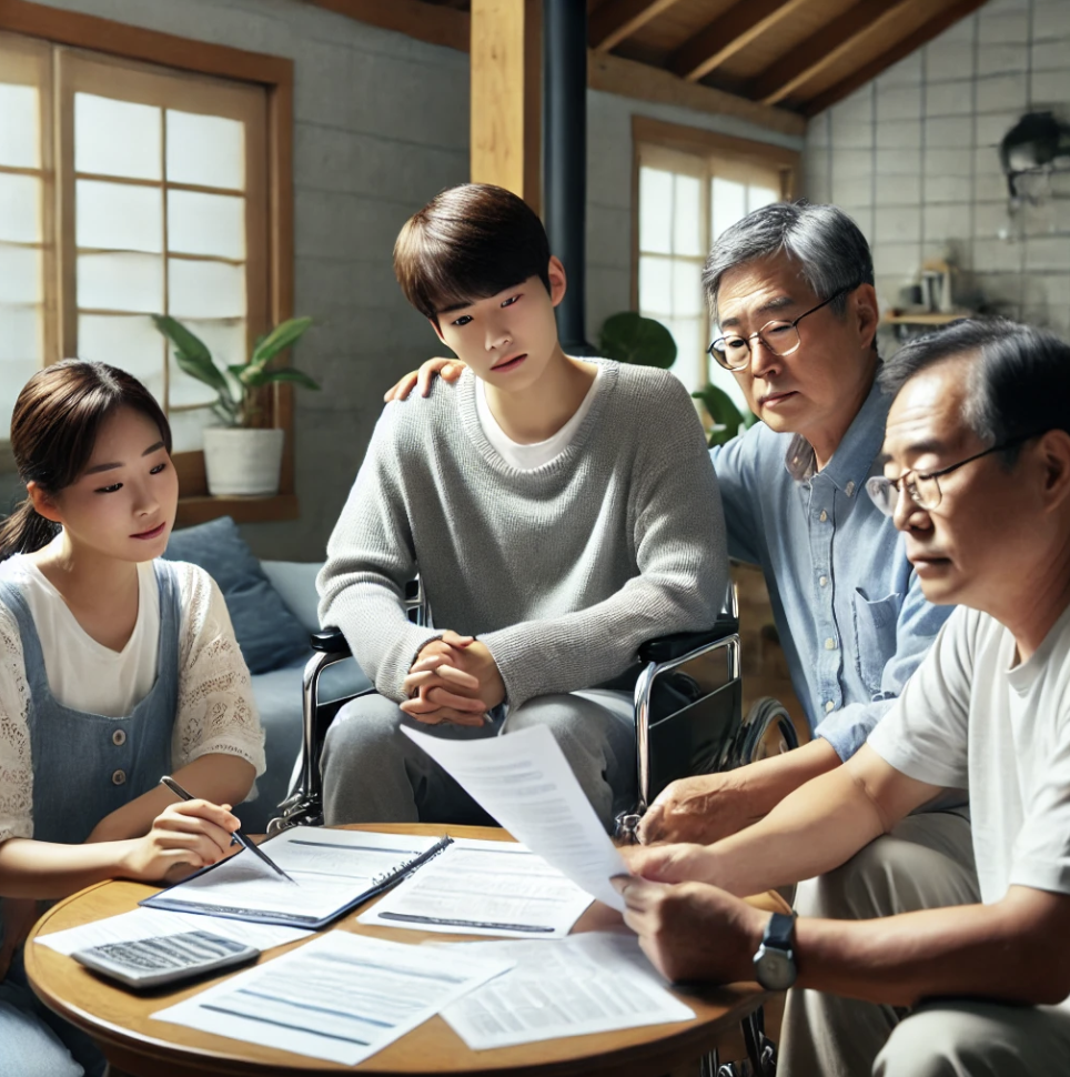 가족이 함께 장애연금 서류를 검토하는 장면