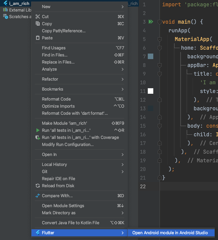루트위치에서 마우스 우클릭으로 Flutter 항목내 안드로이드 모듈 열기를 선택하고 있다.