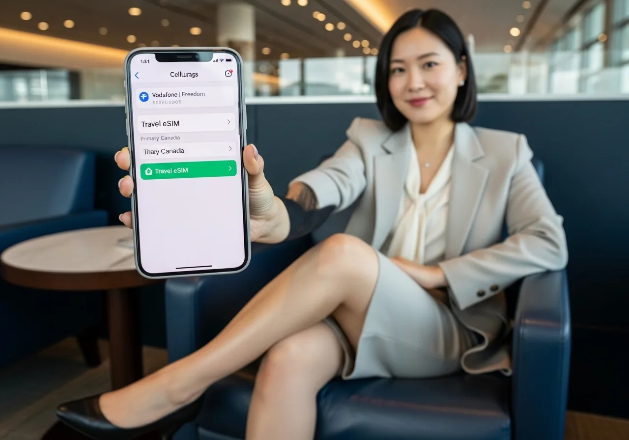 한국인 여성이 공항 라운지에서 스마트폰을 카메라 쪽으로 보여주며, 프리덤 모바일 eSIM이 현지 네트워크에 성공적으로 로밍된 화면을 보여주고 있다