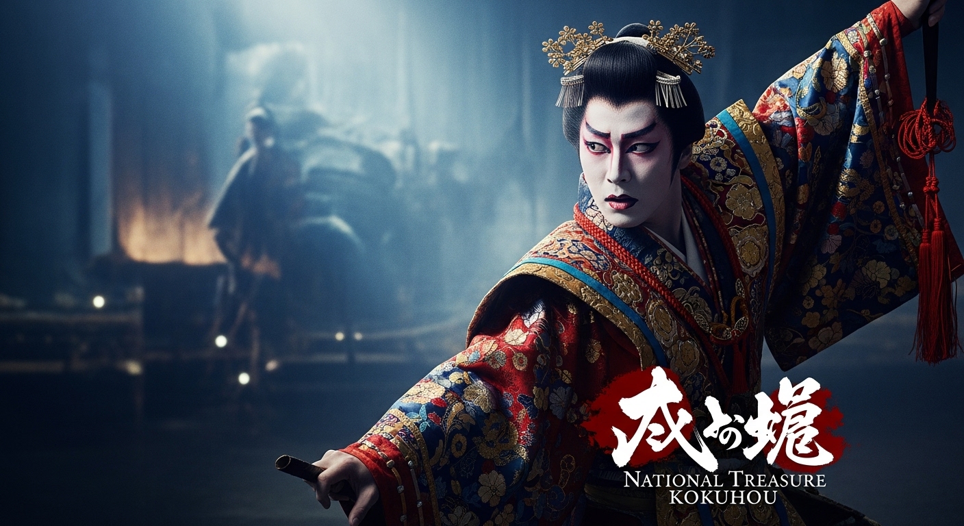 일본에서 천만 관객을 돌파한 영화 '국보'의 드라마틱한 포스터. 화려한 가부키 의상을 입은 배우가 열정적인 표정으로 무대에 서 있고, 전통적인 무대 배경이 보인다.