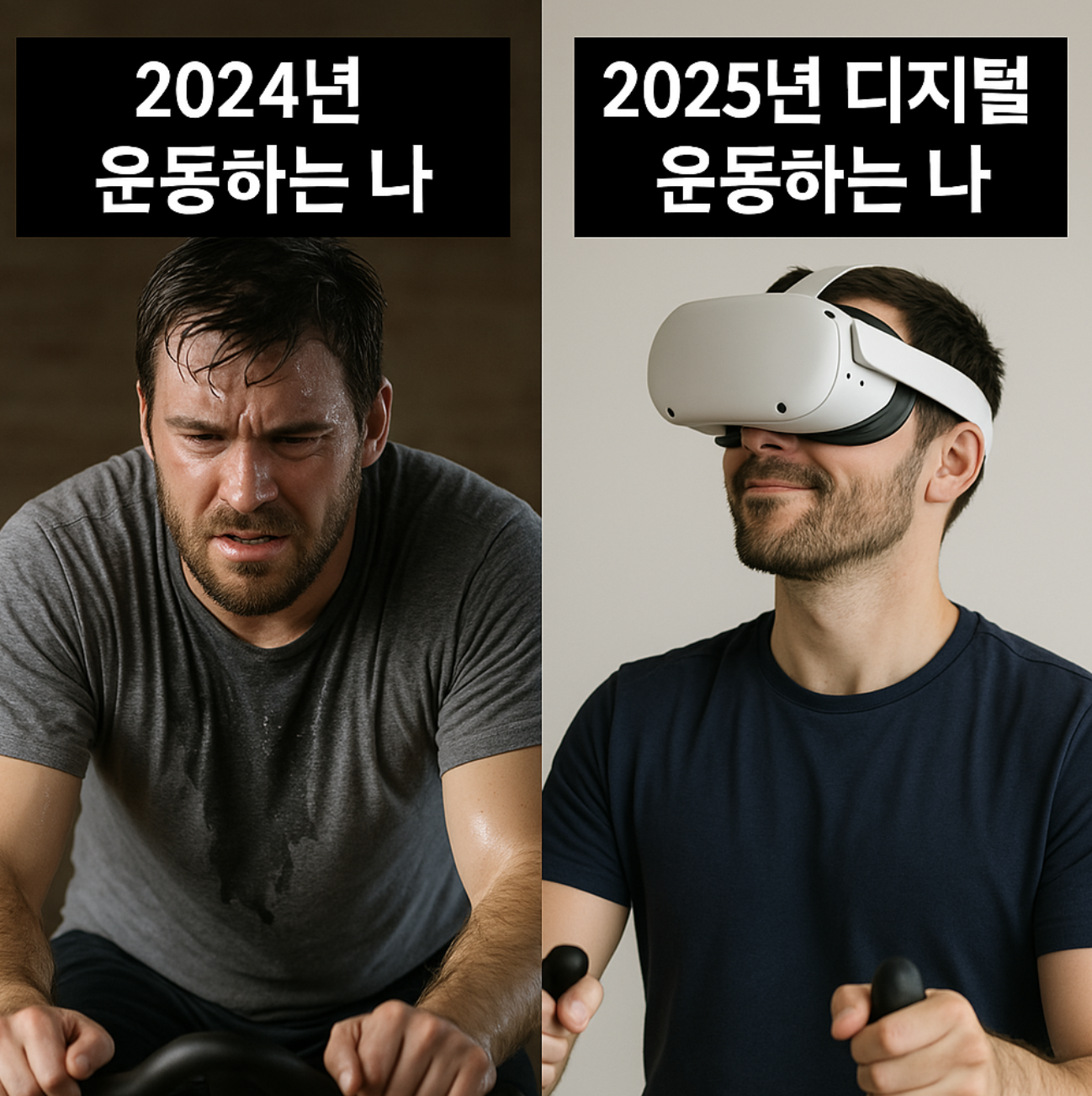 두 장의 이미지 비교. 첫 번째 이미지는 2024년, 전통적인 운동으로 땀을 흘리며 힘들어하는 남성을 보여주고, 두 번째 이미지는 2025년, VR 헤드셋을 착용하고 편안하게 디지털 운동을 즐기는 남성의 모습을 보여준다.