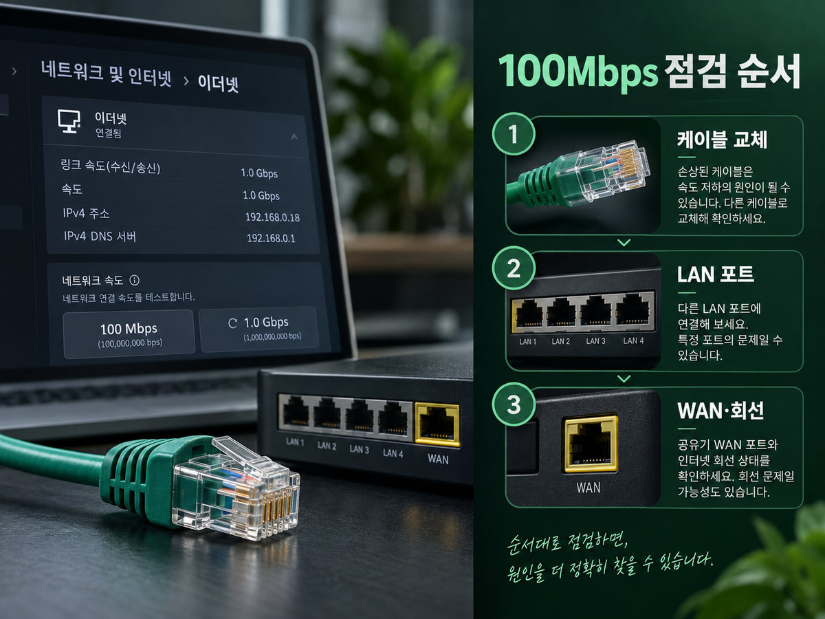 100Mbps 링크에서 케이블·LAN 포트·WAN과 회선을 순서대로 점검하는 방법