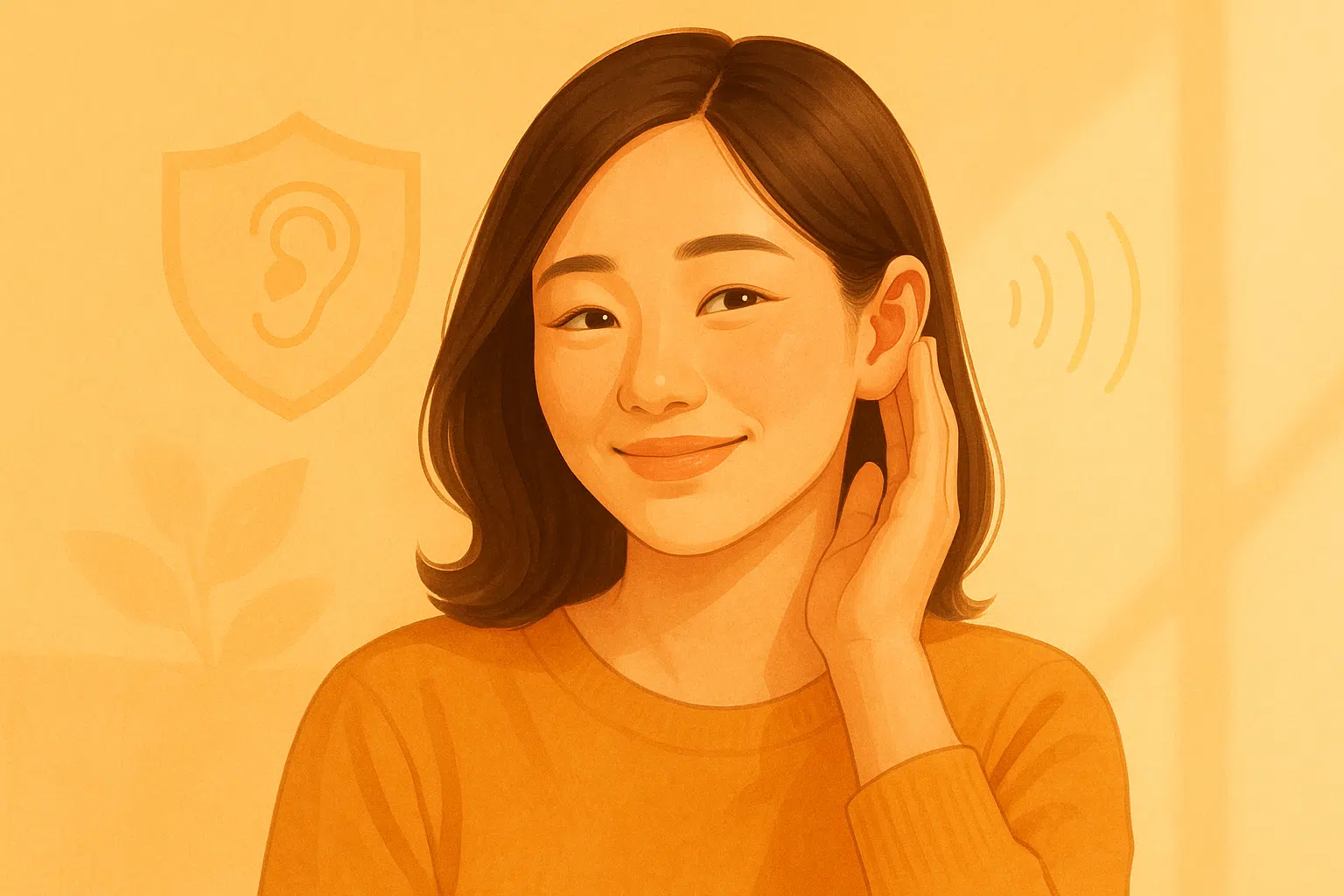 밝은 표정으로 귀를 편안히 만지는 사람