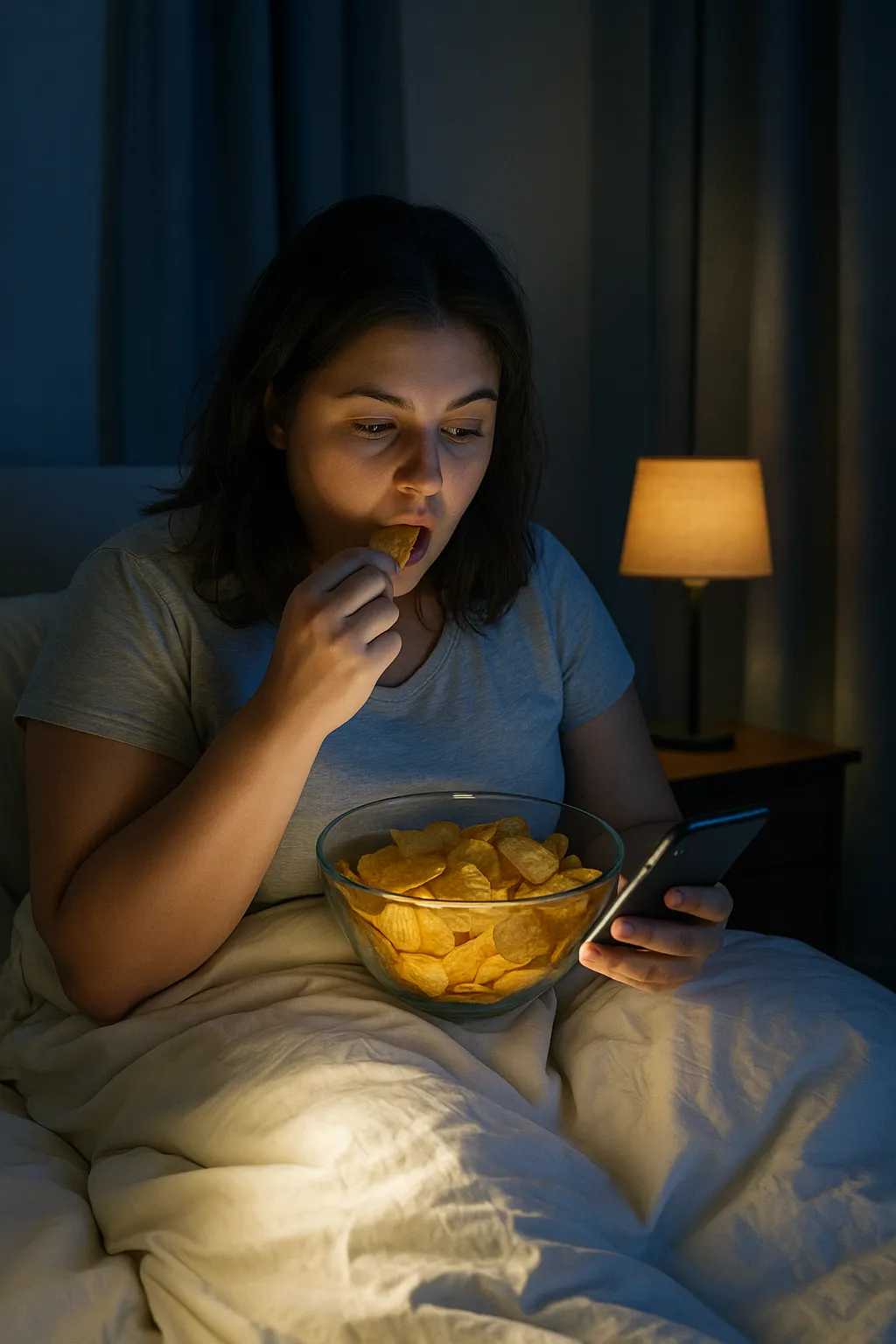 늦은-밤-침대에-앉아-조명을-받으며-스마트폰을-보며-과자-과식을-하는-여성의-모습으로,-늦게-자는-습관이-식욕-조절-호르몬-변화와-야식-섭취로-체중-증가로-이어질-수-있음을-상징적으로-표현한-이미지