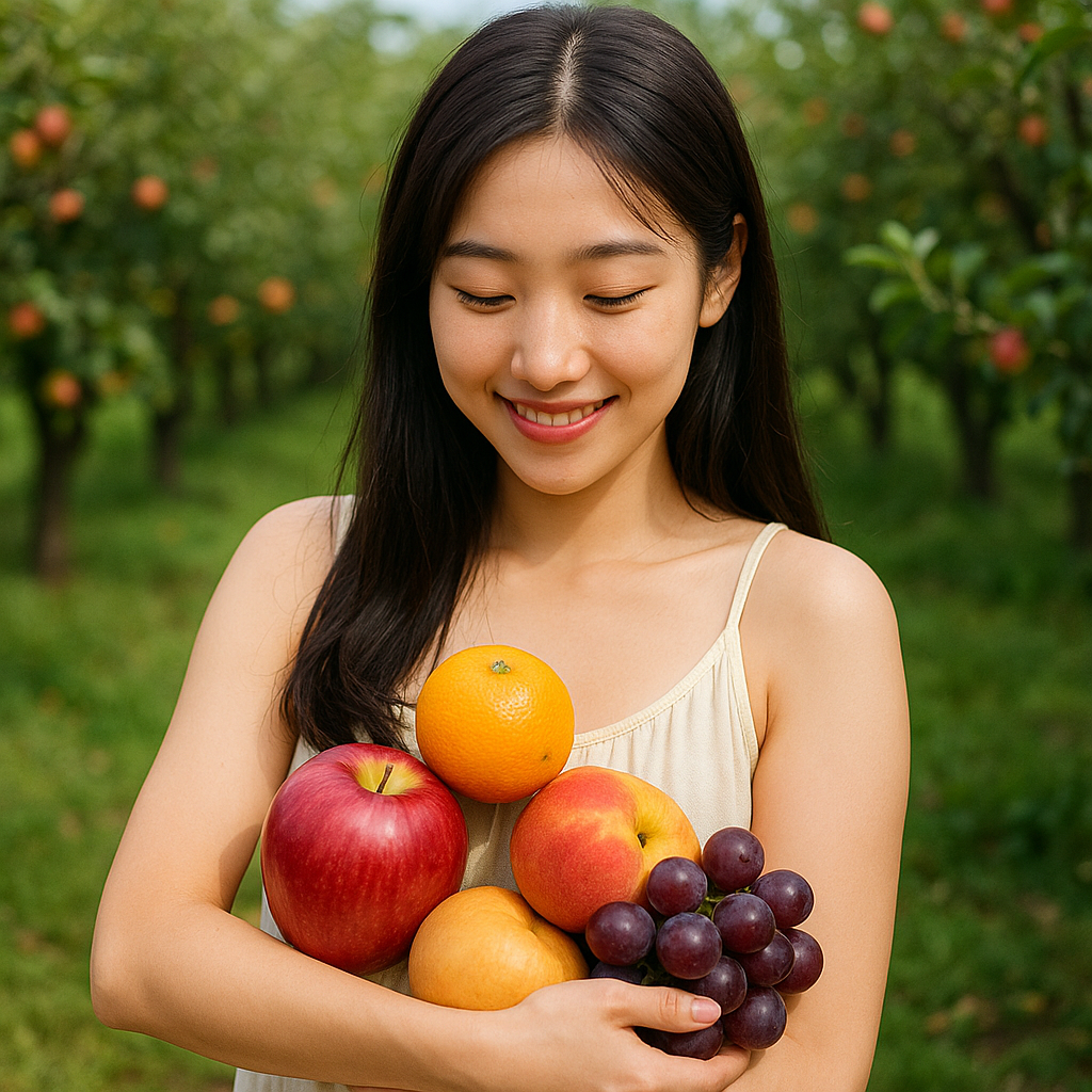 과수원에서 과일을 안고 아래를 바라보는 여성