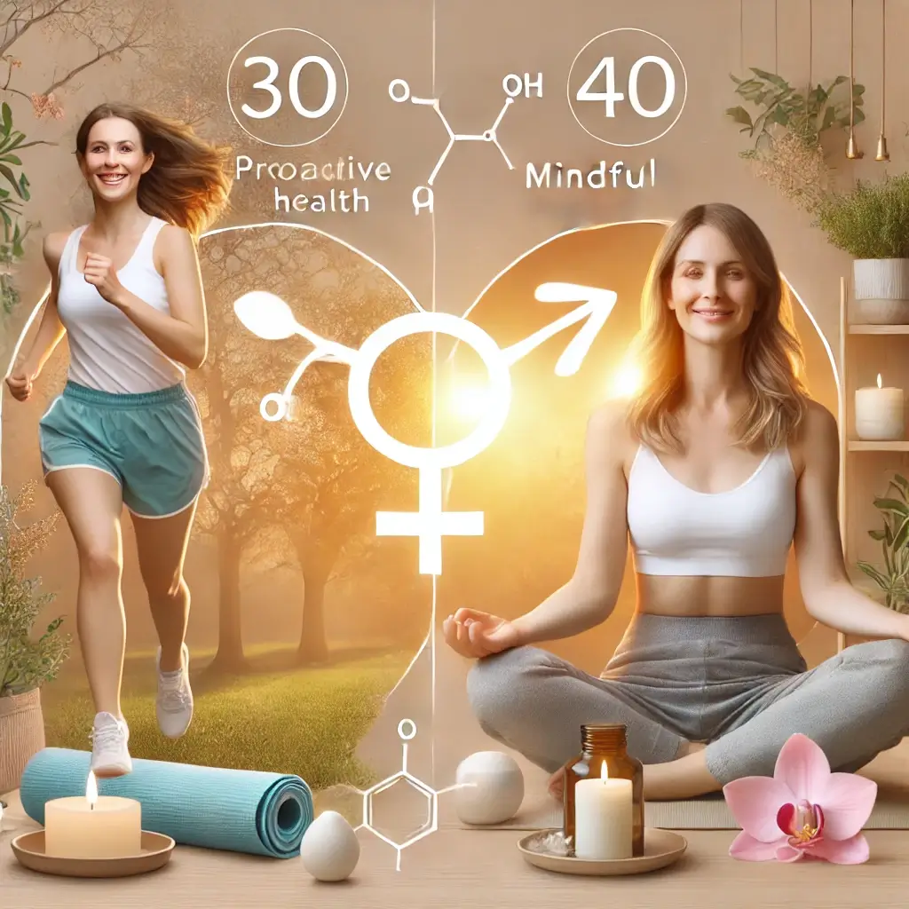 30대와 40대 여성이 등을 맞대고 서 있으며, 각각의 나이대에 맞는 건강 아이템을 들고 있다. 중심에는 에스트로겐(E2) 분자 구조가 떠 있다.