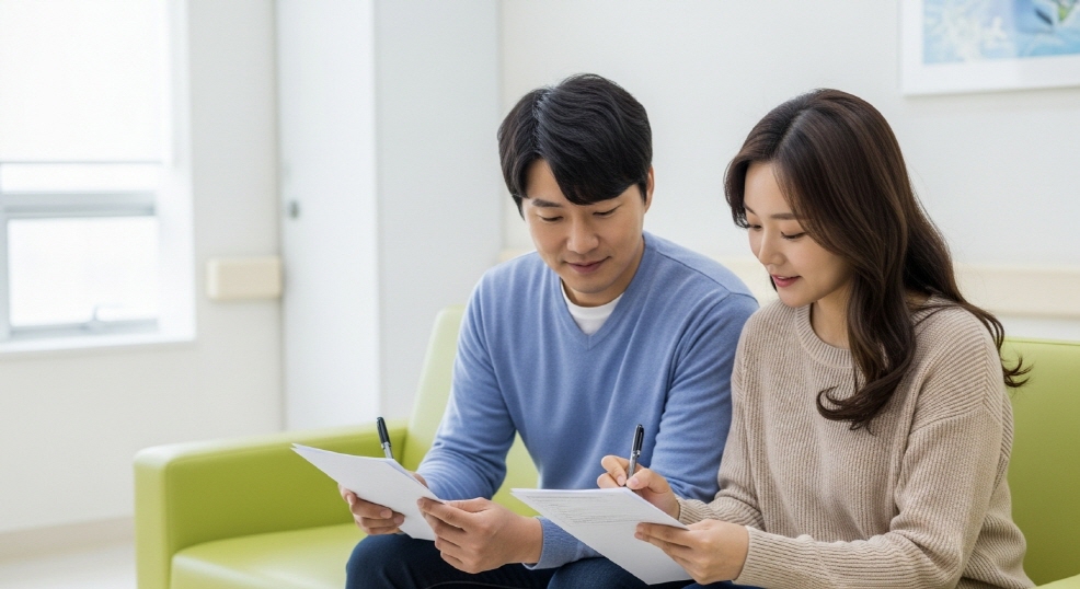 병원 대기실에서 설문지 작성 중인 예비 부부