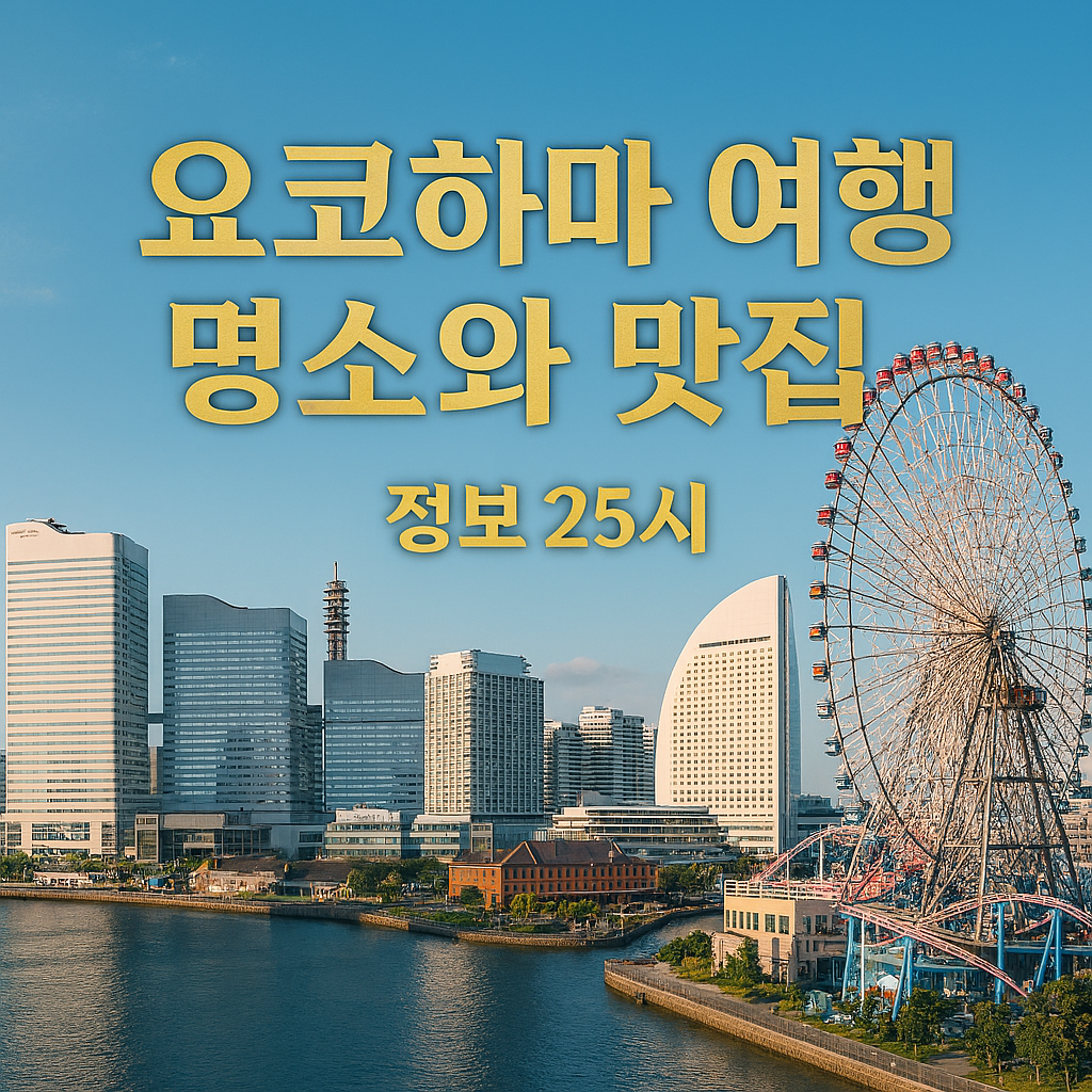 요코하마 대표 랜드마크 회전관람차를 배경으로 한 요코하마 안내 사진