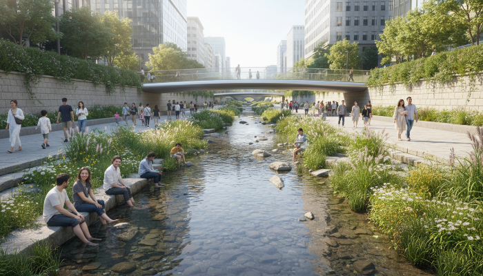 2025년 청계천에서 사람들이 맑은 물가에서 쉬거나 산책하는 모습. 도심 속 자연이 주는 평화롭고 시원한 분위기를 담고 있습니다.