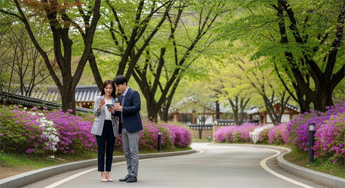 축제 장소로 들어가기 전 길을 확인하는 방문객의 모습 