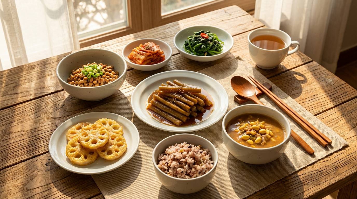 나무 테이블 위에 정갈하게 차려진 낫또, 우엉조림, 연근 부침과 같은 건강한 한식 상차림