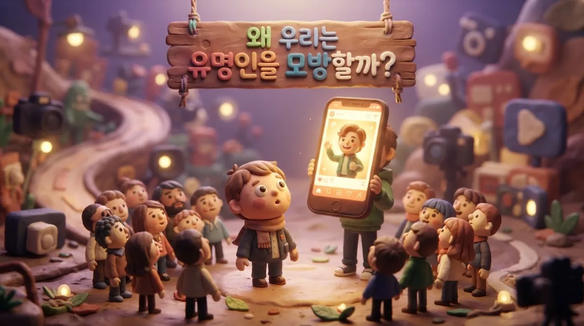아드만 클레이 스톱모션으로 표현한 유명인 모방 심리 이미지. 점토 인형 군중이 점토 스마트폰 속 셀럽 인형을 올려다보는 장면에 "왜 우리는 유명인을 모방할까?"라는 점토 한글 간판이 함께 보인다.
