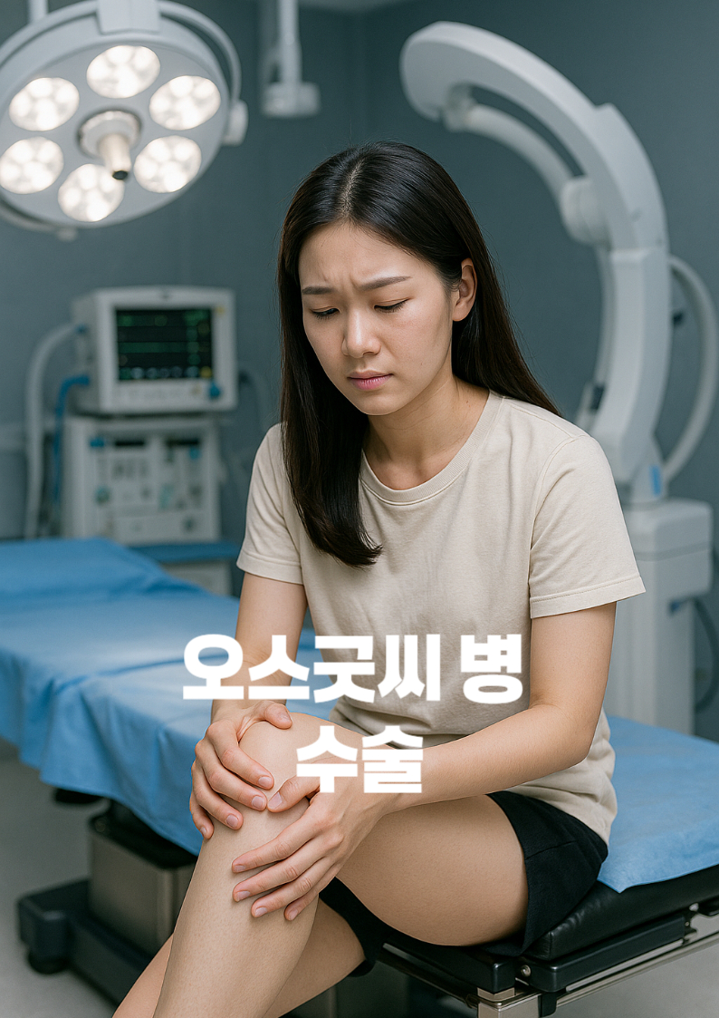 젊은-동양인-여성이-수술대에-앉아-고통스러운-표정으로-왼쪽-무릎을-두-손으로-감싸고-있으며-배경은-수술실로-수술등-플루오로스코프-마취기기가-배치되어-있는-현대적인-의료환경