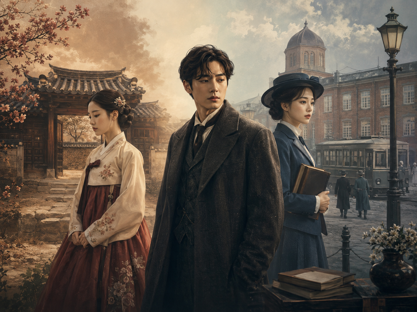 무정 요약: 한옥과 근대식 양옥 건물 사이에서 양복을 입은 남성과 한복을 입은 여성, 서구식 의복을 입은 신여성이 늘어서 있어 전통과 근대의 충돌을 표현한 일러스트