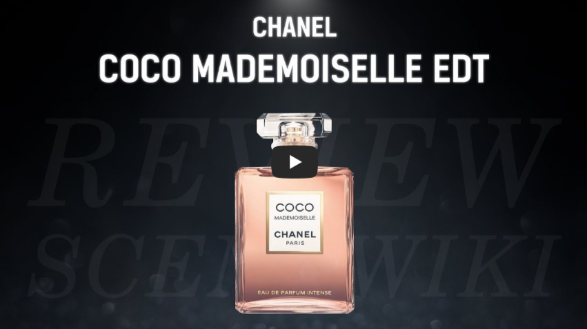 샤넬 코코 마드모아젤 EDT 향수 리뷰 썸네일 이미지. 어두운 배경 위에 투명한 캡과 금장 라벨이 돋보이는 샤넬 코코 마드모아젤 향수병이 중앙에 배치되어 있으며, 상단에는 'CHANEL COCO MADEMOISELLE EDT'라는 텍스트가 강조되어 있다.