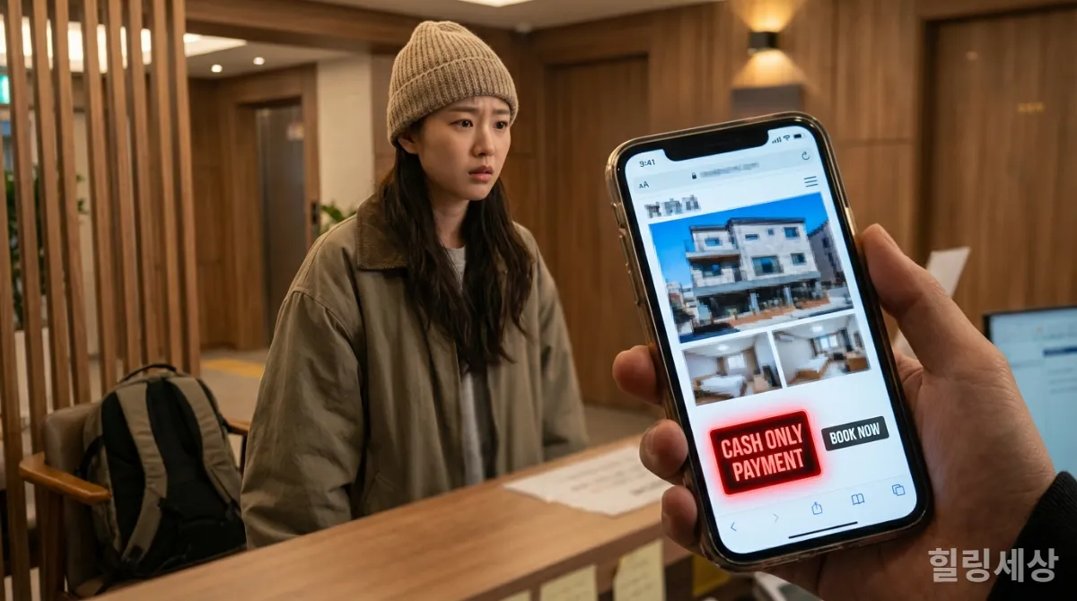 사기성 제주 게스트하우스 웹사이트를 보고 당황하는 여성 여행객