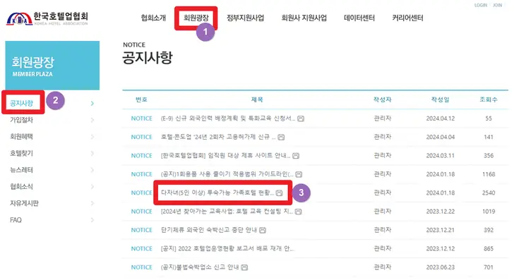 한국호텔협회-홈페이지-5인-이상-다자녀-투숙-가족호텔-현황-공지