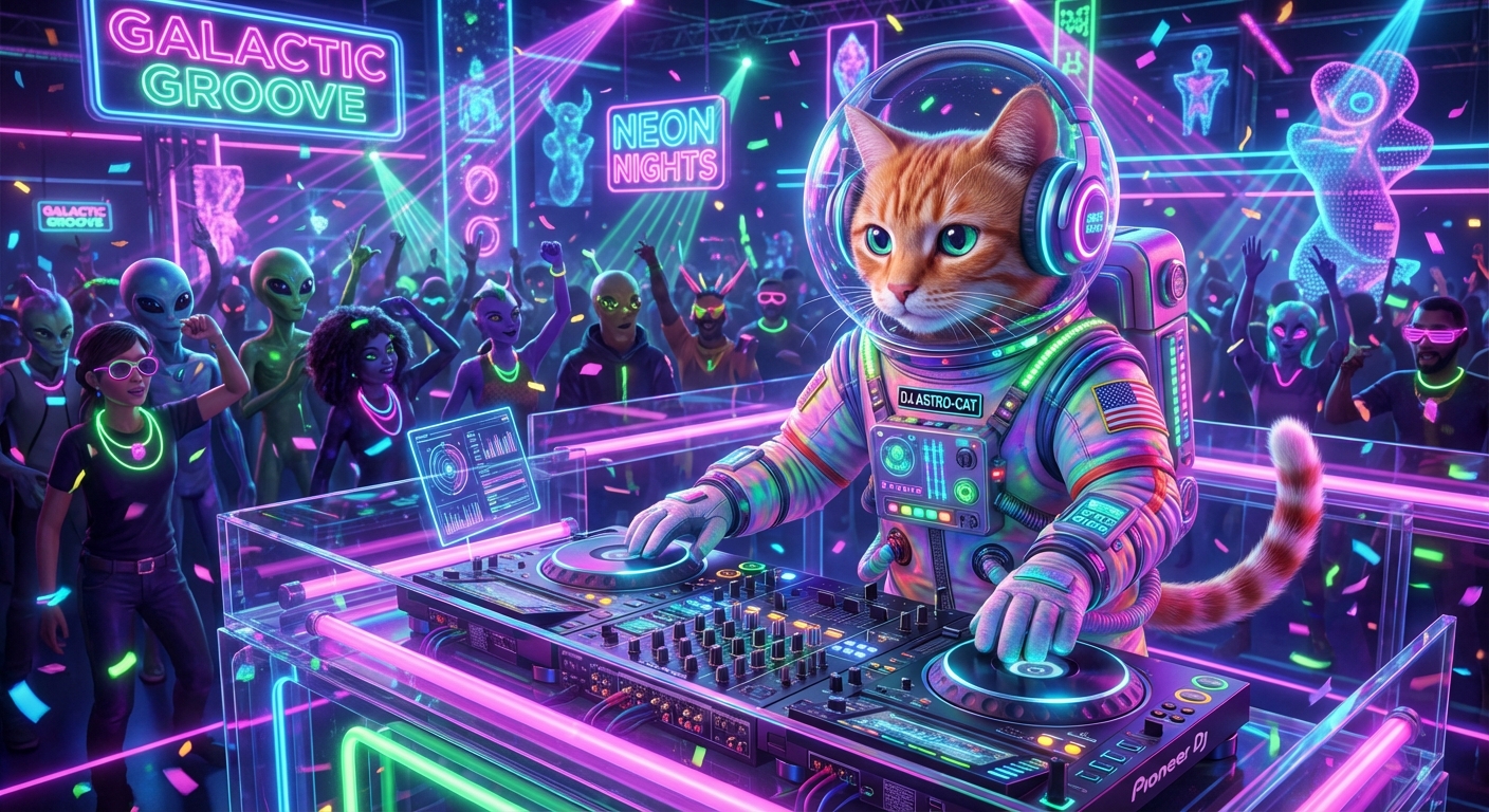 우주복 입은 고양이 DJ'라는 프롬프트로 실제 생성된 나노 바나나 프로의 고품질 3D 캐릭터 이미지, 생생한 조명과 디테일 강조