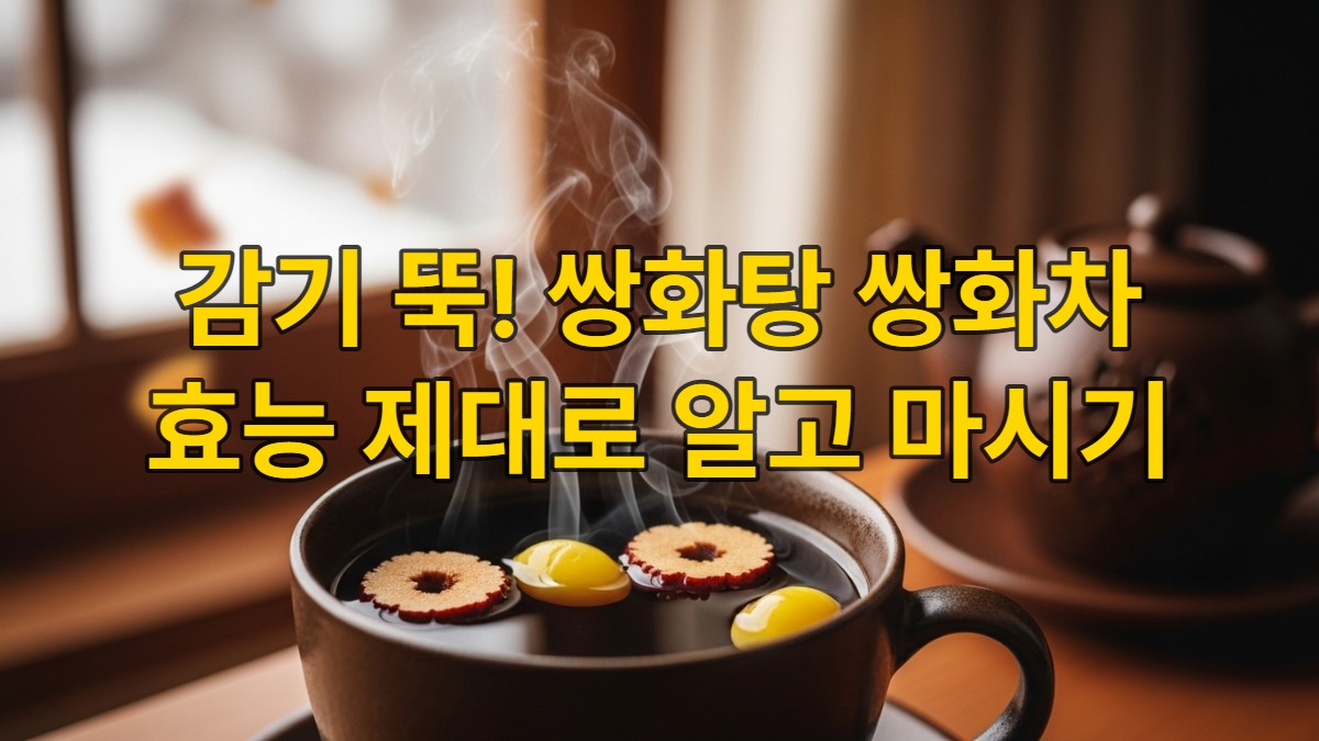 김이 모락모락 나는 따뜻한 쌍화차 한 잔과 창밖의 쌀쌀한 환절기 풍경을 담은 이미지. 대추 고명이 올려져 있어 편안하고 건강한 느낌을 줍니다.