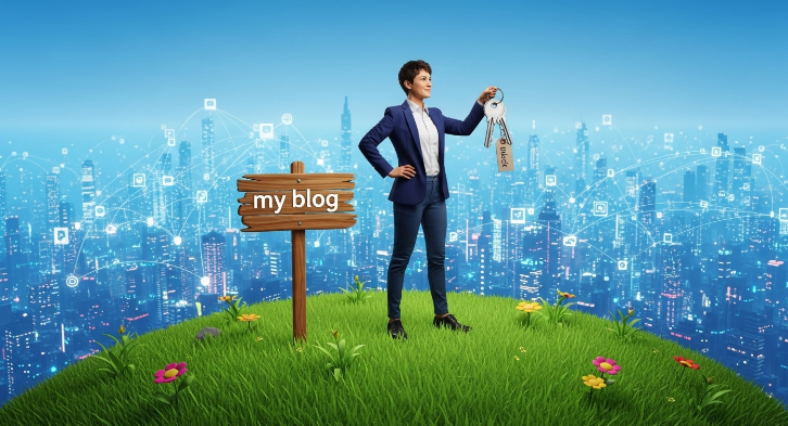 자신의 블로그 땅에 서서 열쇠를 들고 있는 사람, 온라인 소유와 통제를 상징하며 디지털 도시 배경과 대비되는 모습