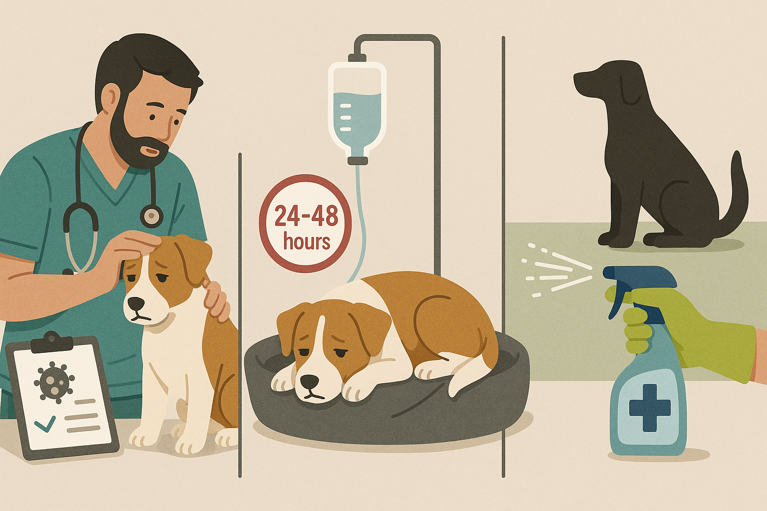 이미지 3개가 하나로 나열되어있는 형태인데 각각 강아지 파보 구별, 회복에 대한 이미지가 그려져 있음.