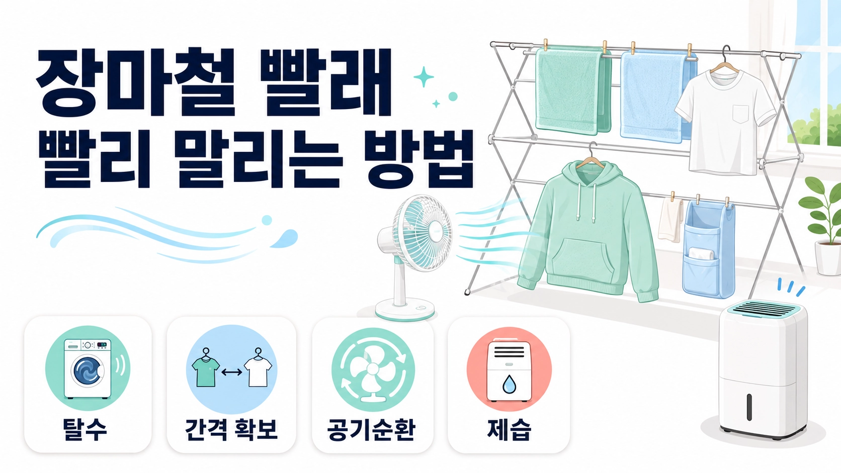 장마철 빨래 빨리 말리는 방법과 탈수&middot;간격 확보&middot;공기순환 핵심을 보여주는 실내 건조 안내