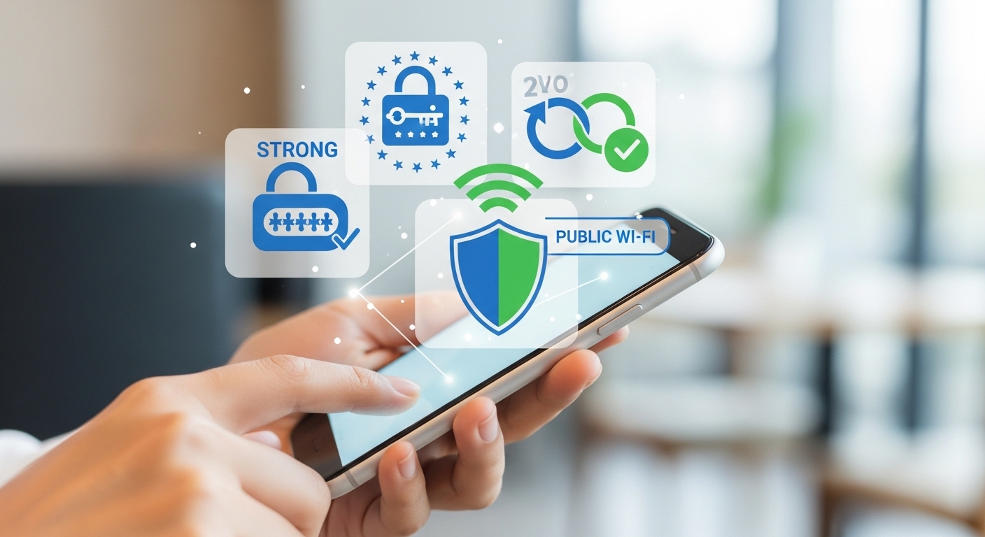 강력한 비밀번호, 2단계 인증, 공공 와이파이 주의 등 개인이 스마트폰으로 실천하는 온라인 보안 습관 아이콘.