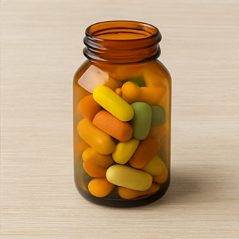 비타민 공급원인 신선한 채소와 과일, 비타민이 담긴 갈색 병, 두뇌 형태에 비타민을 배치한 뇌 건강을 상징하는 이미지