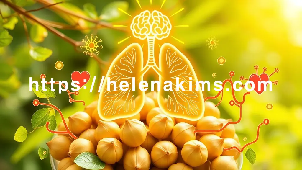 싱그러운 은행 알맹이들을 중심으로, 그 주위를 감싸듯 건강한 폐 모양 아이콘, 활발하게 움직이는 심장과 혈관 그래픽, 그리고 빛나는 뇌 모양 아이콘이 조화롭게 어우러진 포스터 스타일의 이미지.