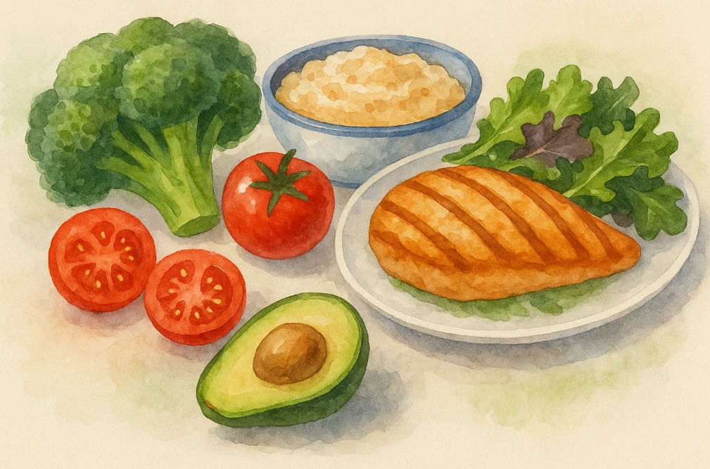 브로콜리, 토마토, 아보카토, 닭가슴살들이 식탁위에 있는 사진