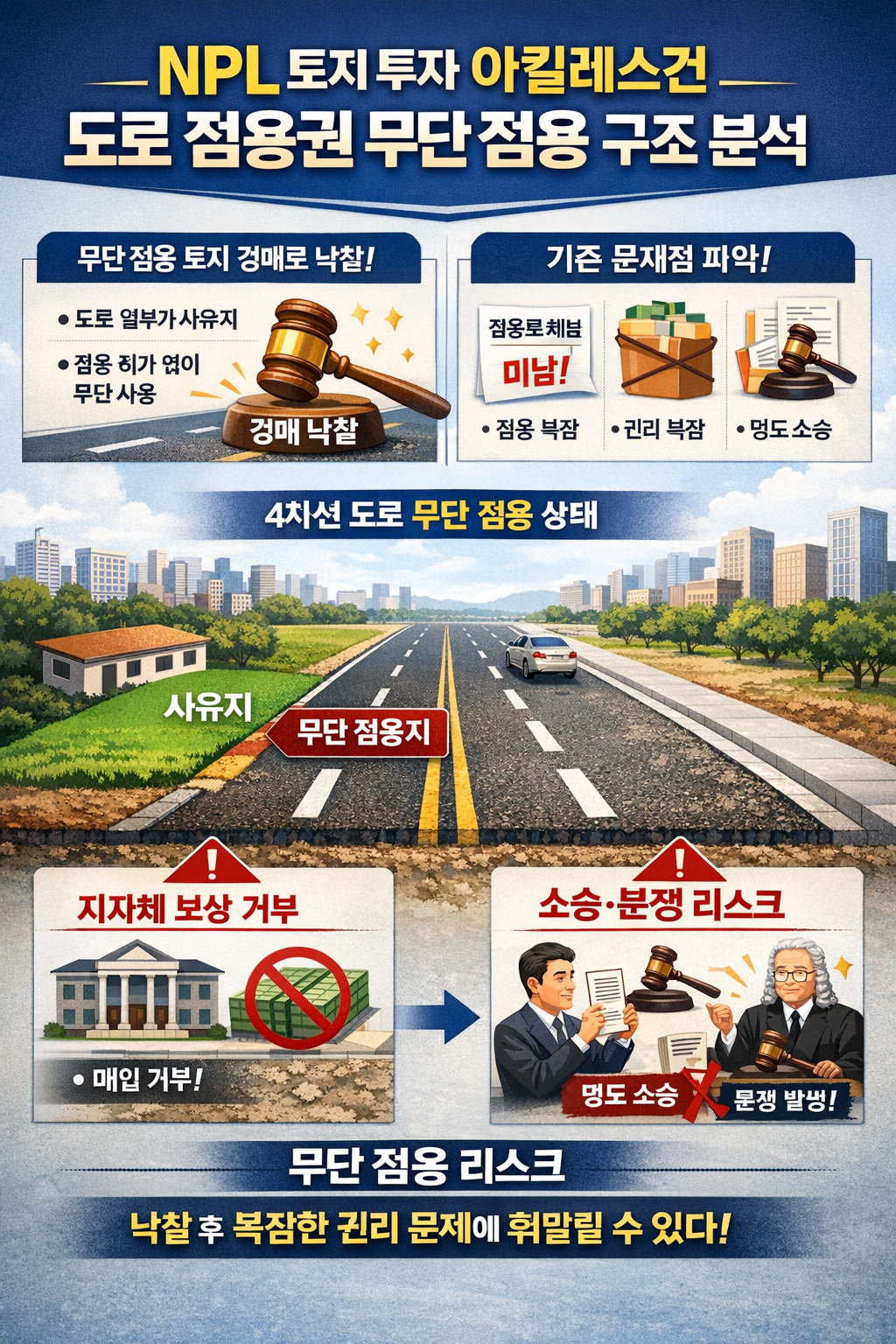 토지 투자에서 도로 점용권 문제로 보상과 개발이 막히는 실제 분쟁 사례 인포그래픽