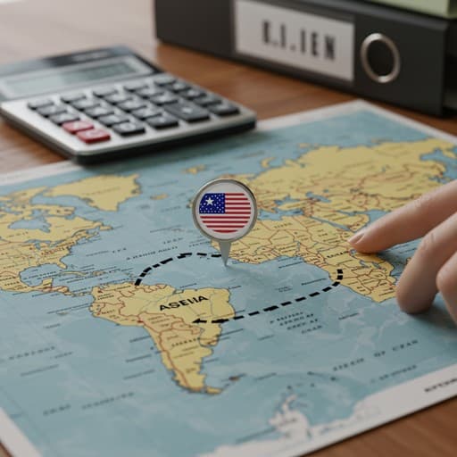 대형 모니터에 수출 그래프가 우상향하는 장면, 앞 책상에는 반도체 웨이퍼 모형과 미니 전기차, 선박 모형이 함께 놓여 있고 도시의 항만이 창밖으로 보이는 구도, 글자 없음