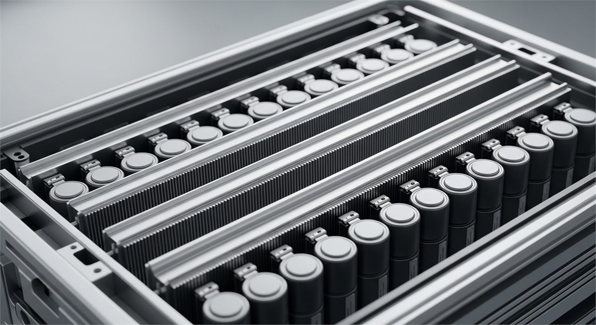 전기차용 배터리 모듈 내부 구조를 가까이서 보여주는 장면 