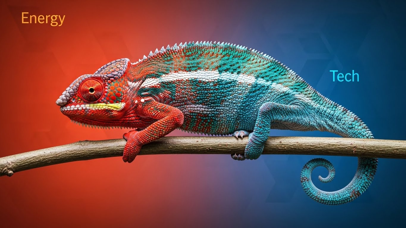 카멜레온이 배경색(시장 상황)에 맞춰 몸 색깔(포트폴리오)을 에너지(빨강)에서 기술주(파랑)로 바꾸는 모습